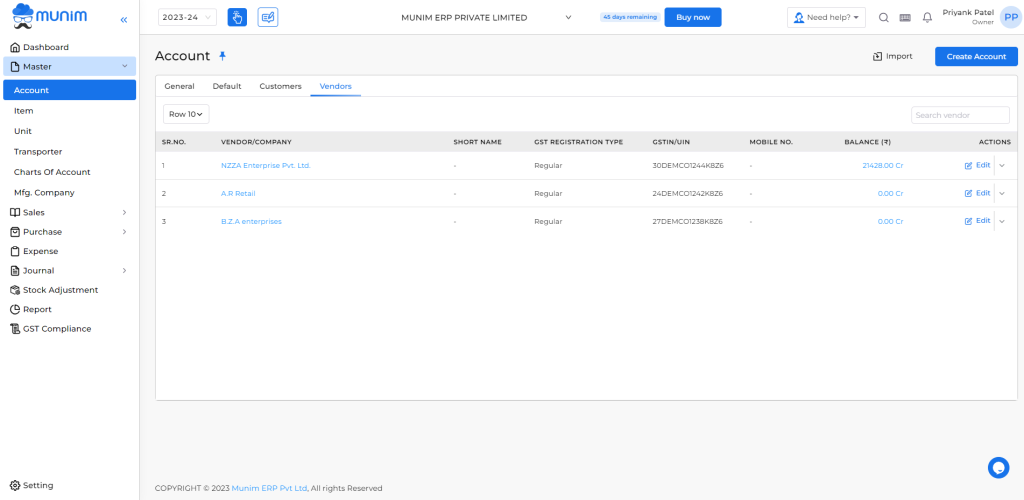 Vendors tab