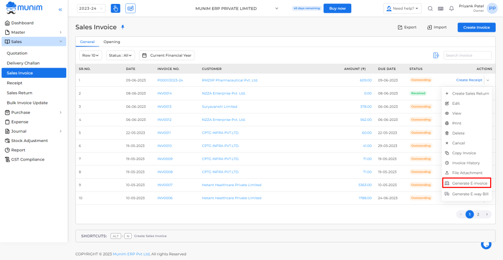 Sales invoice listing page